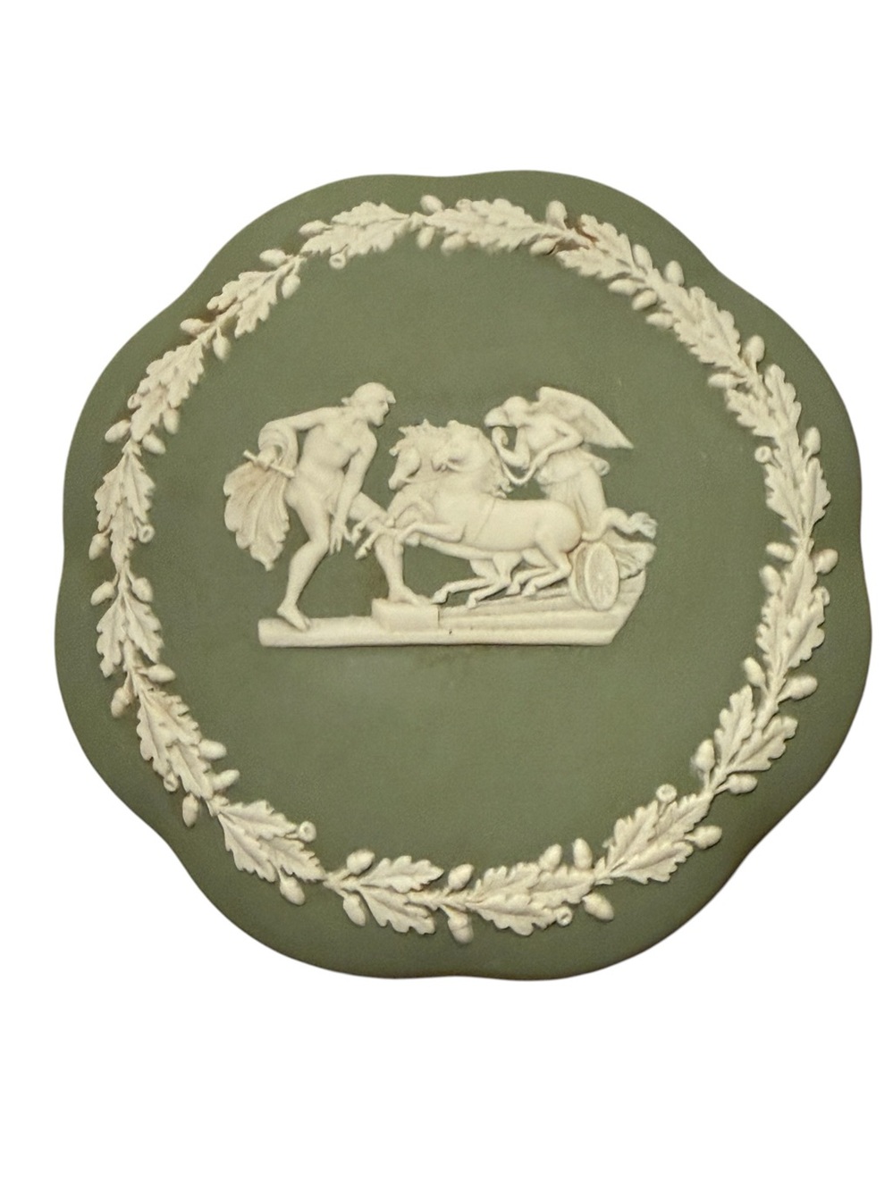 WEDGWOOD Celadon Green Jasperware w/Creamy White Bas Relief Covered Dish